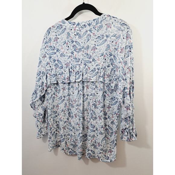 LC Lauren Conrad Women's White Blue Floral Ruffle Sleeve Blouse In Size Small - Picture 2 of 5